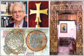 University of Toronto Professor Amir Harrak (top left) has spent his life studying Aramaic-speaking Iraq and Syria. The rich expression of Christianity in Mesopotamia, including this inscribed ceremonial cross of St. John’s Church in Qaraqosh (top centre), the mid-13th century Gate of Two Baptisms at Mar Behnam south of Mosul (right) and a 1653 genealogy of Jesus (above) are all threatened by the Islamic State