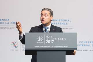 International Trade Minister Francois-Philippe Champagne speaks at the opening plenary session of the World Trade Organization&#039;s Ministerial Conference in Buenos Aires, Argentina. Canadian mining operations Latin America will come under further scrutiny with establishment of ombudsperson to look into human rights abuses. 