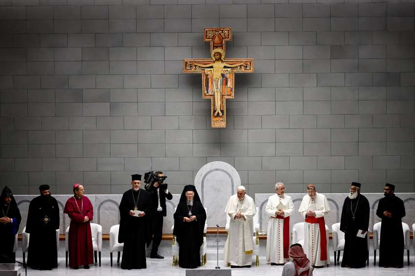 Pope Francis and other religious leaders attend an ecumenical meeting and prayer for peace at Our Lady of Arabia Cathedral in Awali, Bahrain, Nov. 4, 2022.