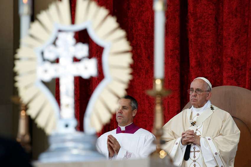 A reliquary containing relics of St. Junipero Serra is seen as Pope Francis celebrates his canonization and Mass outside the Basilica of the National Shrine of the Immaculate Conception in Washington Sept. 23.
