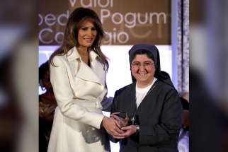First lady Melania Trump presents Sister Carolin Tahhan Fachakh of Syria with the 2017 Secretary of State&#039;s International Women of Courage Award, March 29. Sister Carolin said U.S. recent decision to bomb a Syrian air base is a step back from peace. 