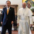 U.N. Secretary-General Ban Ki-moon walks with Pope Francis during a meeting at the Vatican April 9.