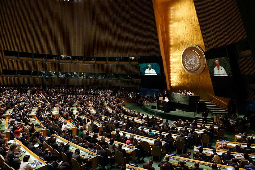 Pope Francis addresses the general assembly of the United Nations in New York Sept. 25. 