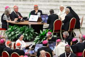 Pope Francis speaks to participants in the assembly of the Synod of Bishops during their first working session in the Paul VI Audience Hall at the Vatican Oct 4, 2023.