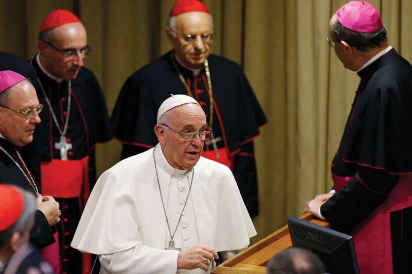 Pope Francis arrives to lead a session of the Synod of Bishops on the Family at the Vatican Oct. 9.