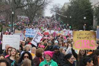 Participants in the Women&#039;s March on Washington make their way down Independence Avenue Jan. 21.