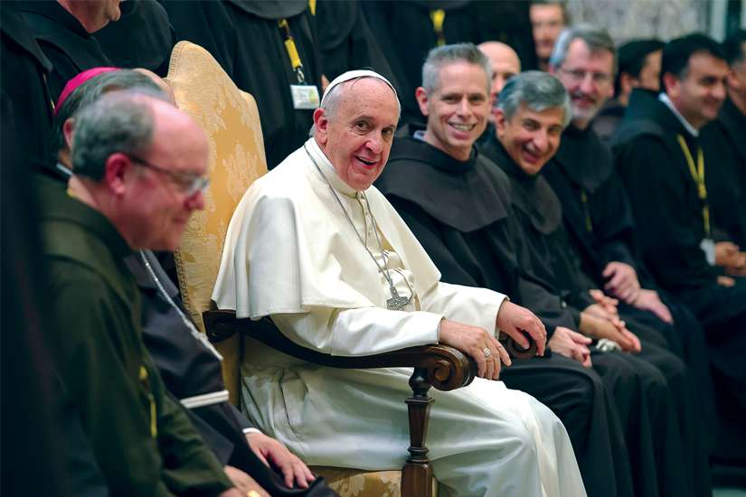Pope Francis meets with delegates to the general chapter of the Order of Friars Minor during an audience with 200 Franciscan leaders at the Vatican in 2017.