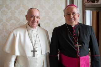 Pope Francis is pictured with Archbishop Ivan Jurkovic during a meeting at the Vatican in this Jan. 17, 2020, file photo. The pope has named Archbishop Jurkovic, 68, as the nuncio to Canada. He had been the Holy See&#039;s representative to U.N. agencies in Geneva.