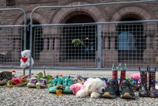 215 pairs of children’s shoes were placed as a memorial for the children&#039;s bodies found buried at the site of a former residential school in Kamloops, B.C.