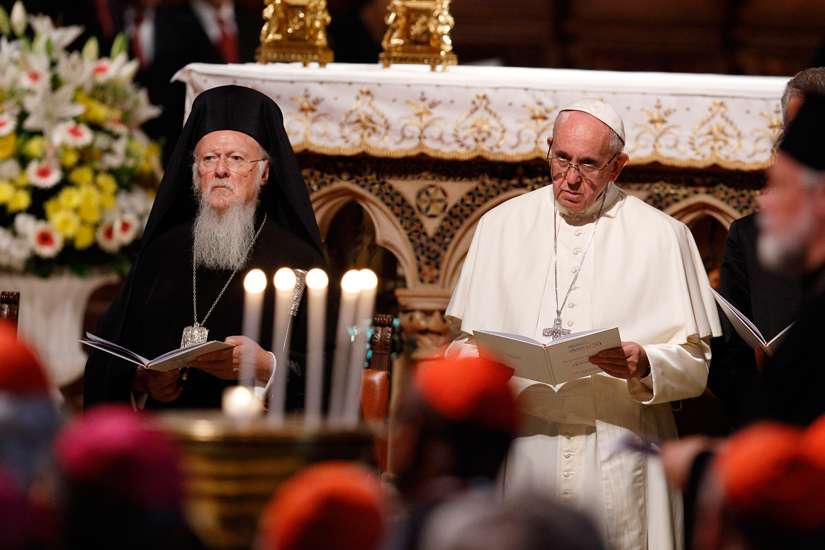 Ecumenical Patriarch Bartholomew of Constantinople and Pope Francis at an interfaith gathering in Assisi, Italy, Sept. 20. A Catholic-Orthodox commission has approved a statement on authority.