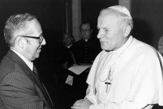 Dr. Victor Goldbloom meets with Saint John Paul II in this Register file photo.