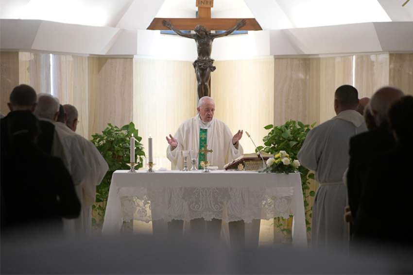 Pope Francis celebrates Mass in the chapel of his Vatican residence, the Domus Sanctae Marthae, Sept. 30, 2019.