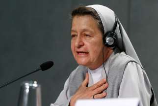 Sister Alba Teresa Cediel Castillo, an indigenous member of the Congregation of Missionary Sisters of Immaculate Mary and of St. Catherine of Siena, speaks at a news briefing after the first session of the Synod of Bishops for the Amazon at the Vatican Oct. 7, 2019.