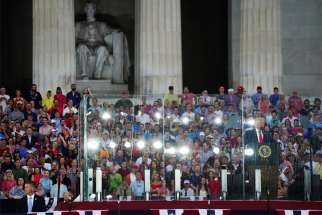 President Donald Trump gives his Fourth of July speech at the Lincoln Memorial in Washington July 4, 2019.