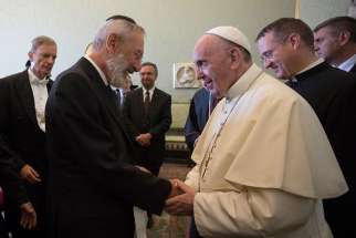 CNS photo/L&#039;Osservatore Romano 08.31.2017 Pope Francis greets Rabbi Riccardo Di Segni, chief rabbi of Rome, during a meeting with representatives of the Conference of European Rabbis, the Rabbinical Council of America and the Commission of the Chief Rabbinate of Israel at the Vatican Aug. 31. 
