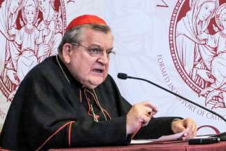 Cardinal Raymond L. Burke speaks at a pro-life and pro-family conference in Rome May 17, 2019.