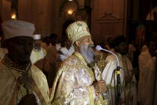 Patriarch Mathias of the Ethiopian Orthodox Tewahedo Church speaks during the April 11 Easter Vigil at Holy Trinity Cathedral in Addis Ababa, Ethiopia. Pope Francis has sent his condolences to the patriarch for the execution of more than 20 Ethiopian Christians at the hands of Islamic State militants in Libya. 