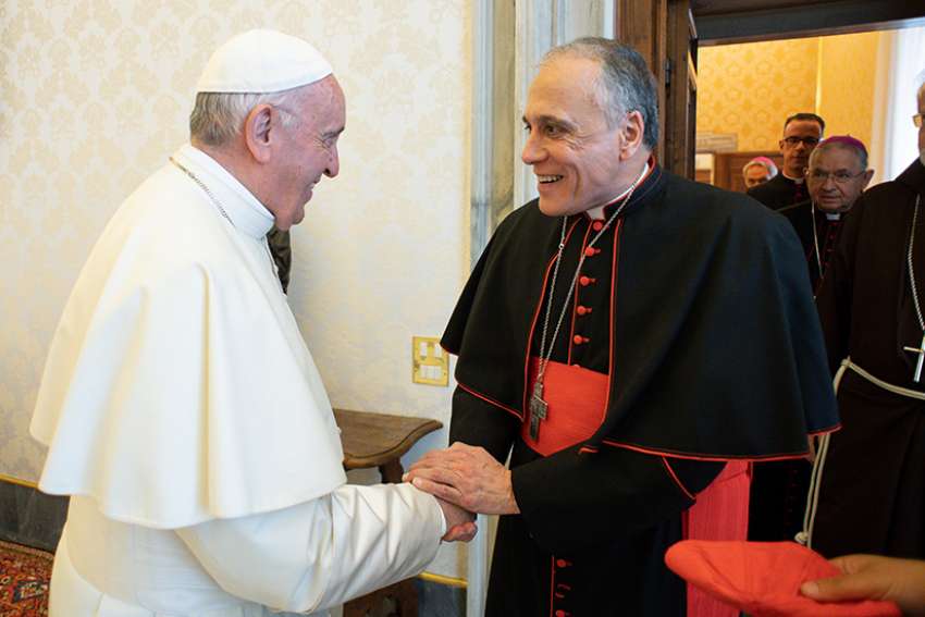 Pope Francis greets Cardinal Daniel N. DiNardo of Galveston-Houston, president of the U.S. Conference of Catholic Bishops, during a meeting with officials of the conference at the Vatican Sept. 13. Also pictured are Cardinal Sean P. O&#039;Malley of Boston, president of the Pontifical Commission for the Protection of Minors, Archbishop Jose H. Gomez of Los Angeles, vice president of the conference, and Msgr. J. Brian Bransfield, general secretary of the conference.