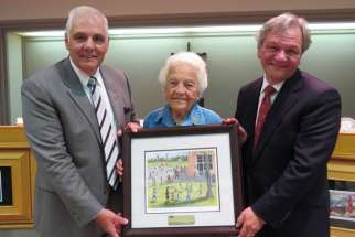 Mayor Hazel McCallion received the Catholic Award of Merit from DPCDSB at the August 26 board meeting (Director of Education, John Kostoff to the left and Chair, Mario Pascucci to the right). The Dufferin-Peel Catholic Award of Merit is presented in recognition of outstanding contribution to the Dufferin-Peel Catholic District School Board and Catholic education.