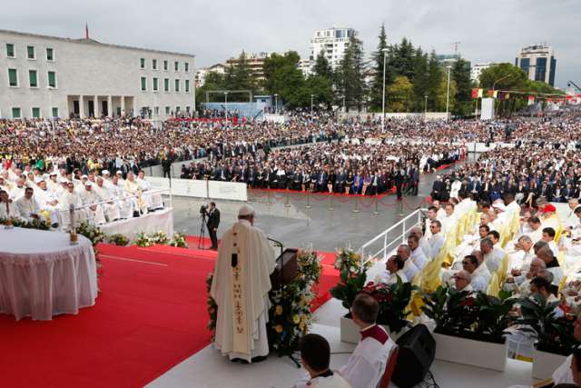 Pope Francis celebrates Mass in Mother Teresa Square in Tirana, Albania, Sept. 21.