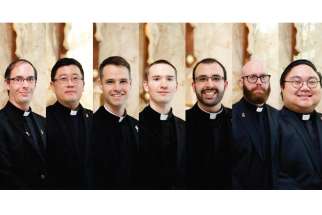 Pictured from left to right in a screenshot are the seven Ordinandi from St. Augustine’s Seminary and Redemptoris Matis Seminary who will be odained to the priesthood later this year: Walter Flynn, Arthur Lee, Michel Quenneville, Andrew Taylor, Patrick Salah, Christian Lindenbach and Kevin Adriano.