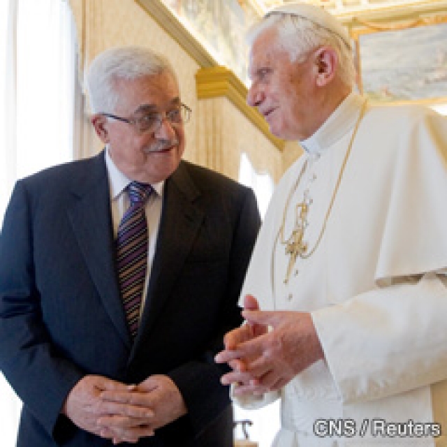 Pope Benedict XVI talks with Palestinian President Mahmoud Abbas during a meeting at the Vatican June 3.