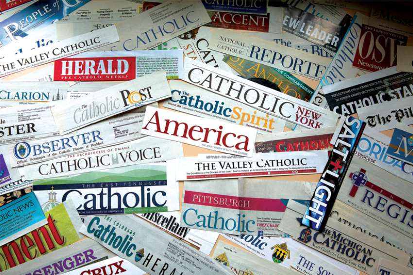 The mastheads of numerous Catholic newspapers are seen in this photo illustration.