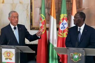 Portuguese President Marcelo Rebelo de Sousa speaks during a joint news conference with Ivory Coast President Alassane Ouattara at the Presidential Palace in Abidjan, Ivory Coast, June 13, 2019. Bishops in the Ivory Coast have warned of a new civil war in the run-up to 2020 elections, unless urgent action is taken to ease communal tensions and withdraw weapons in the West African state.