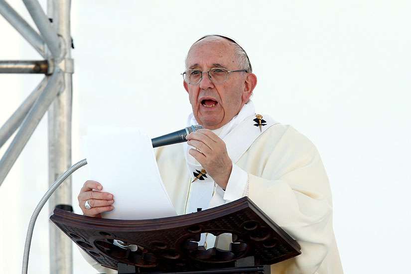 Pope Francis delivers the homily as he celebrates Mass May 27 during his pastoral visit in Genoa, Italy.