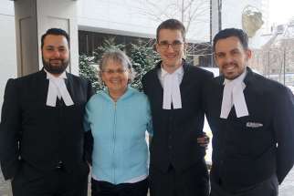 From left to right: constitutional lawyer Albertos Polizogopoulos, blogger Patricia Maloney, ARPA lawyers John Sikkema and Andre Schutten at the Ottawa courthouse in February 2017 after arguing their case in Ontario Superior Court.