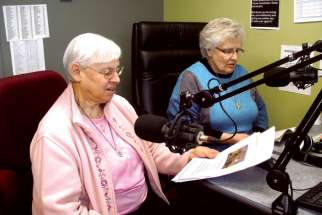 Sisters Pauline Girodat, left, and Joan Liss, who work at the Fort Good Hope Mission in the Northwest Territories, host Church Hour at local radio station CBQE.