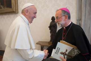 Pope Francis greets Bishop Lionel Gendron of Saint-Jean-Longueuil, Quebec, president of the Canadian Conference of Catholic Bishops. Bishop Gendron was nominated by Pope Francis to be a voting member of the upcoming Amazon Synod.