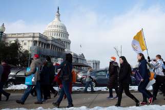 Pro-life advocates are seen near the U.S. Capitol during the annual March for Life in Washington Jan. 18, 2019. In an evening vote Feb. 25, the Senate failed to pass a measure sponsored by Sen. Ben Sasse, R-Nebraska, to require that babies born alive after an abortion be given medical attention and &quot;the same protection of law as any newborn.&quot; 