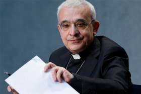 Archbishop Filippo Iannone, president of the Pontifical Council for Legislative Texts, attends a press conference to discuss revisions to the Code of Canon Law, at the Vatican June 1, 2021. Pope Francis has promulgated a revised section of the Code of Canon Law dealing with crimes and punishments.