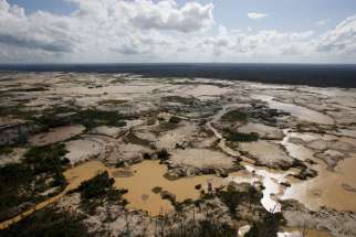 An area deforested by illegal gold mining is seen in a zone known as Mega 14, in the southern Amazon region of Madre de Dios, Peru. Catholic leaders told the Inter-American Commission on Human Rights that indigenous land rights need to be protected from oil and mine operations.