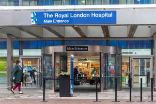 The main entrance of the Royal London Hospital in London is pictured Dec. 31, 2021. Archie Battersbee, 12, died Aug. 6 about two hours after medics switched off his ventilation, against his parents&#039; wishes.