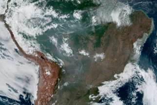Fires burning in the Amazon rainforest are pictured from space by the geostationary weather satellite GOES-16 Aug. 21, 2019. Leaders of the Latin American bishops&#039; council urged international action Aug. 22 to save the rainforest as massive fires continued to burn.