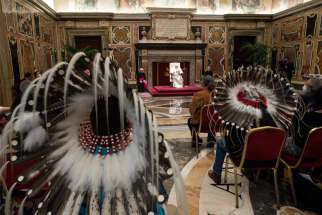 Pope Francis meets with Indigenous elders, knowledge keepers, abuse survivors and youth from Canada, along with representatives of Canada&#039;s Catholic bishops in the Vatican&#039;s Clementine Hall April 1, 2022.