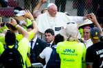Pope Francis arrives at Panama City&#039;s Rommel Fernandez Stadium Jan. 27, 2019, to thank World Youth Day volunteers for their service in making the event a reality. 