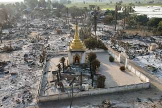 An aerial view of burned Bin village in Myanmar&#039;s Sagaing region is seen Feb. 3, 2022, after villagers say it was set ablaze by the Myanmar military. the Myanmar military continues to target villages resisting the military junta.