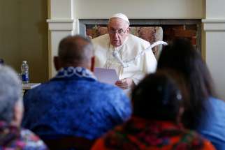 Pope Francis meets with a delegation of Indigenous peoples in the archbishop&#039;s residence in Quebec City July 29, 2022.