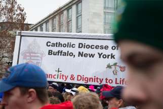 People from Buffalo, N.Y., participate in the 47th annual March for Life in Washington Jan. 24, 2020. Bishop Edward B. Scharfenberger of Albany, N.Y., who is apostolic administrator of the Buffalo Diocese, said Jan. 30 that a decision will be made soon about whether the Buffalo Diocese will file for bankruptcy under Chapter 11. Pope Francis named the Albany bishop to temporarily head the Buffalo Diocese Dec. 4 after accepting the resignation of Bishop Richard J. Malone as head of the diocese.