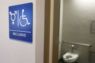 A gender-neutral bathroom is seen in this Sept. 30, 2014, file photo, at the University of California, Irvine.