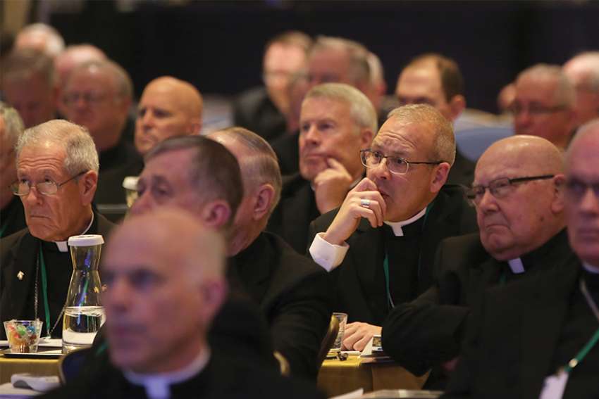Bishops listen to a speaker Nov. 14 at the fall general assembly of the U.S. Conference of Catholic Bishops in Baltimore. 