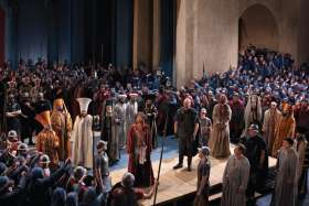 Jesus is brought before Pilate as the crowd shouts its verdict in this scene from the 2010 production of the Passion Play in Oberammergau, Germany. 