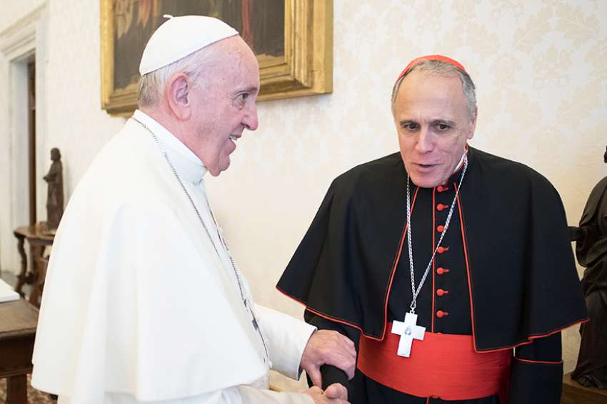 Pope Francis greets Cardinal Daniel N. DiNardo of Galveston-Houston, president of the U.S. Conference of Catholic Bishops, during a private meeting in 2017 at the Vatican. Pope Francis will meet Sept. 13 with Cardinal DiNardo and with Cardinal Sean P. O&#039;Malley of Boston, president of the Pontifical Commission for the Protection of Minors, the Vatican press office announced Sept. 11. 