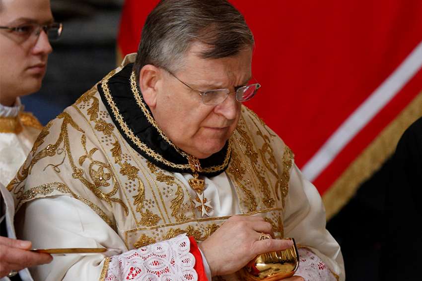 U.S. Cardinal Raymond L. Burke, a canon lawyer and former grand master of the Knights of Malta, is pictured in a Feb 20, 2015, photo. Internal documents relating to the public crisis that led to his resignation of the grand master of the Knights of Malta in 2017 were released by WikiLeaks. 