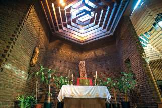The tabernacle at Toronto’s St. Joan of Arc Church is a classic example of modernist architecture that was a staple of churches built from around 1955-77. It’s not a style that we see in new churches any more. 