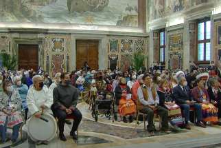 Indigenous delgation at an audience with Pope Francis in Rome from Salt + Light&#039;s &#039;Walking Together&#039; documentary.