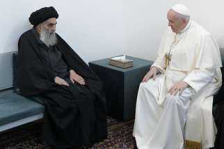 Pope Francis and Ayatollah Ali al-Sistani, one of Shiite Islam&#039;s most authoritative figures, meet during a courtesy visit in Najaf, Iraq, March 6, 2021.